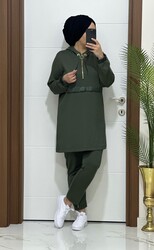 moda sura - 4044 K140 HAKİ PAÇA FERMUARLI tunik pantolon OSYho Kumaş ikili takım buyuk beden yeni sezon