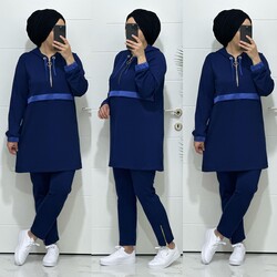 moda sura - 4044 K140 LACİVERT PAÇA FERMUARLI tunik pantolon OSYho Kumaş ikili takım buyuk beden yeni sezon