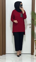 moda sura - 6699 K80 BORDO LEOPAR CEP DETAYLI tunik pantolon KREP Kumaş ikili takım buyuk beden yeni sezon