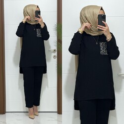 moda sura - 6699 K80 SİYAH LEOPAR CEP DETAYLI tunik pantolon KREP Kumaş ikili takım buyuk beden yeni sezon